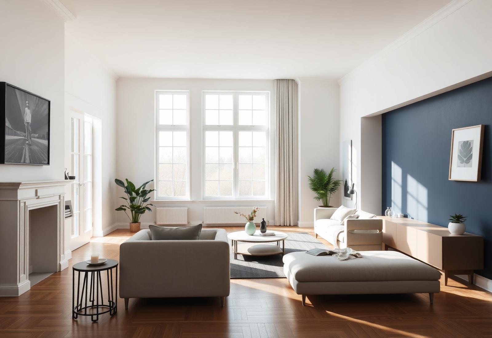 Interior rumah modern yang baru selesai dicat dengan warna putih dan aksen navy